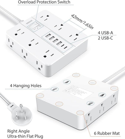 Power Strip Surge Protector 10ft Extension Cord,SMNICE Flat Plug with 12 Outlets 6 USB(2 USB C),Surge Protector Charging Station with Overload Protection for Home, Dorm,Office