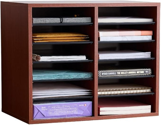 Safco Literature Organizer, 12 Compartments, Office and Classroom Mailbox with Adjustable Shelves, Wood Paper and Mail Sorter, Cherry