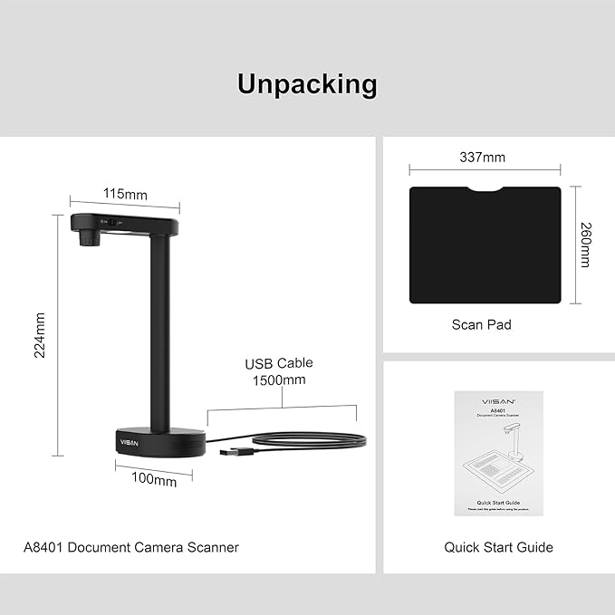 VIISAN 16MP Portable Document Scanner Camera, A4 Capture, USB Document Camera with Deskewing, Multi-Page Scanning, Pocket Book Scanning, OCR & TTS, Compatible with Windows & macOS