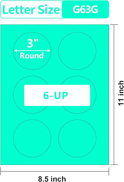 3 Inch Green Round Labels,20 Sheets,6 Circle Stickers per Sheet, 3 Inch Green Color Coding Labels for Laser/Inkjet Printers,Colorful Dot Stickers 3" Diameter,Letter Size