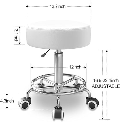 Rolling Stool, Heavy Weight Capacity 250lb, PU Leather Rolling stools, Ultra Soft Padded Seat, Rolling Stools with Wheels and Footrest, 360° Swivel, Spa Drawing Salon Work Office Tattoo Stool (white)