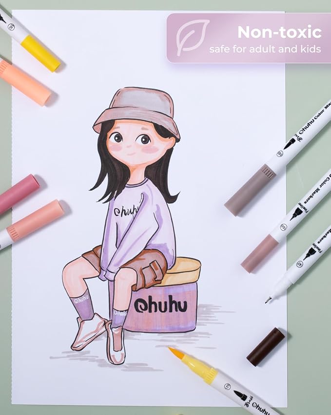 Ohuhu Skin Tone Markers 36 Colors: Dual Tip Brush and Fineliner Markers for Adult Coloring Water Based Art Skintone Marker Pens Set for Portrait Drawing Lettering Writing Calligraphy Journaling - Maui