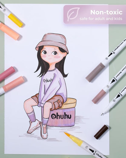 Ohuhu Skin Tone Markers 36 Colors: Dual Tip Brush and Fineliner Markers for Adult Coloring Water Based Art Skintone Marker Pens Set for Portrait Drawing Lettering Writing Calligraphy Journaling - Maui