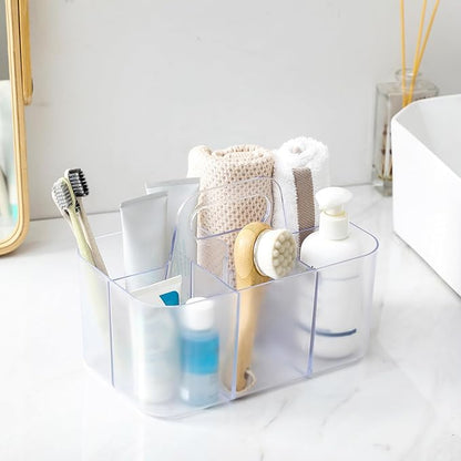 Multiuse Caddy Organizer with Handle - Stackable Plastic Bin - Divided Storage Tote Holder for Art Craft Supplies, Makeup, Bathroom, Shower, Cleaning, Kitchen, Office, Dorm, Desktop - Frosted Clear