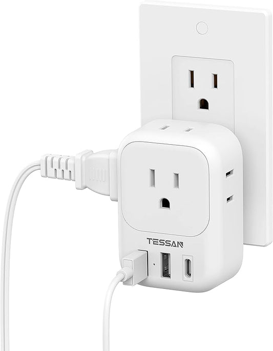 USB Wall Charger, Wall Plug Adapter Outlet Extender, TESSAN 3 Charger Block (1 USB C Port), Multi Charging Station for Cruise, Bathroom, Office, Dorm Essentials, White