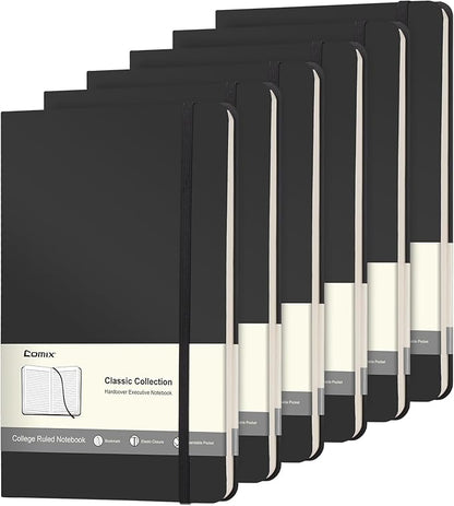 Comix 6 Pack Lined Journal Notebooks for Work, 240 Pages, 5.5"x8.3", Black, Hardcover, A5 Medium College Ruled, Journaling Notebooks for Notes-Taking, Fits for Office School Home