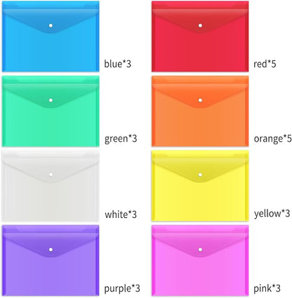 EOOUT 28pcs Folders for Documents, Plastic Envelopes with Snap Closure, Poly Folders, 8 Colors, A4 Letter Size, for School and Office Supplies