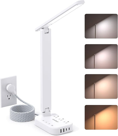 Power Strip with LED Desk Lamp, 10 Ft Extension Cord with 3 Outlets 4 USB Ports(2 USBC), 4 Modes 5 Level Touch Lamp Small Desk Lamp for Home Office, Study Reading Light, Dorm Room Essentials