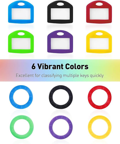 Uniclife 12 Pack Round Key Caps Covers and 12 Pack Key Cap Tags with Blank Paper Labels & Clear Windows Colorful Key Identifiers Protectors for Regular Flat House Keys (Not for Odd-Shaped Keys)