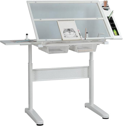 Hand Adjustable Height Drafting Table Artist Drawing Table Multifunctional Art Craft Artists Desk Tilting Glass Tabletop Glass Topped Art Desk Work Station With Stool and Chair for Home Office White