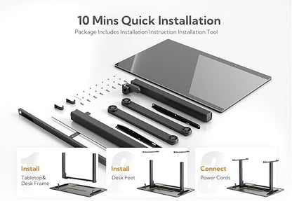 Glass Standing Desk, Electric Standing Desk Adjustable Height, 48 Inch Adjustable Stand Up Desk, Quick Install Home Office Computer Desk, Black