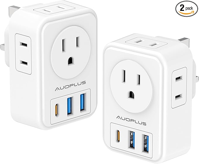 US to UK Plug Adapter 2 Pack, AUOPLUS Type G Ireland Travel Adapter with 4 Electrical Outlets 3 USB Charger, International Power Adapter, Cruise Ship Essentials for USA to Scotland England British