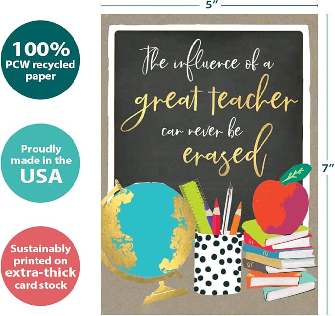 Tree-Free Greetings Teacher Appreciation Cards - Artful Designs - 2 Cards + Matching Envelopes - Made in USA - 100% Recycled Paper - 5"x7" - Lighthearted, For Teacher, Never Be Erased (GT64435)