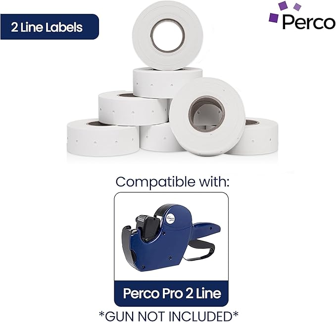 Perco 2 Line White Labels - 80 Rolls, 10 Sleeves, 80,000 Blank Price and Date Gun Labels for Perco 2 Line Price and Date Guns - Made in USA