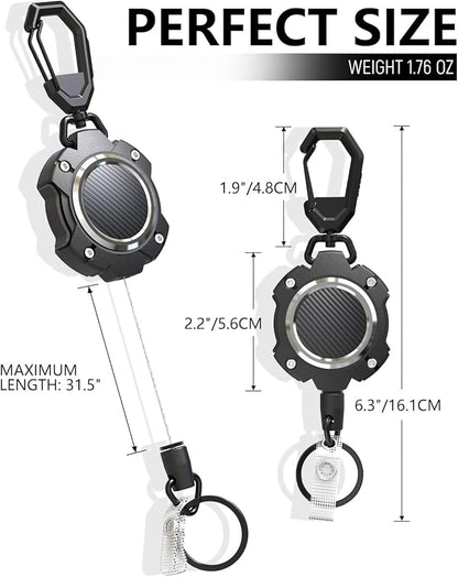 LIUGX 2 Pack Retractable Keychain, Heavy Duty Carabiner Key Chains, 10,000+ Rebound, Impact Resistance ID Badge Reels with 31.5” Wire Rope and Key Ring, Up to 8oz, Aluminum Ring, Carbon Fiber-Texture