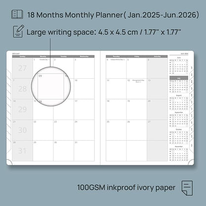 POPRUN Monthly Planner 2025-2026 (Large- 8.5" x 10.5" Soft Cover), 18-Month Calendar Book (January 2025-June 2026), Calendar Planner with Monthly Tabs & Pocket, 100 GSM Paper - Pacific Green