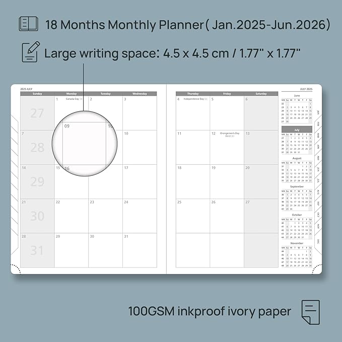 POPRUN Monthly Planner 2025-2026 (Large- 8.5" x 10.5" Soft Cover), 18-Month Calendar Book (January 2025-June 2026), Calendar Planner with Monthly Tabs & Pocket, 100 GSM Paper - Brown