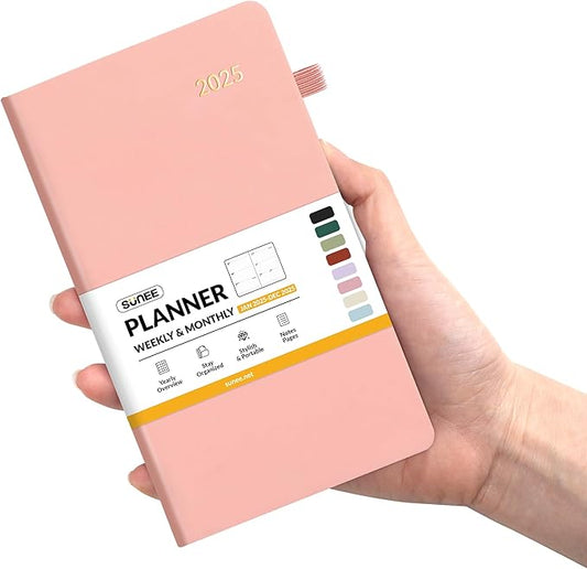 SUNEE 2025 Pocket Weekly Planner for Purse 3.5" x 6" - 12 Month (January 2025 - December 2025), Pocket Size Planner, Hardcover, Notes, Pocket, 100 GSM Paper, Peach Pink