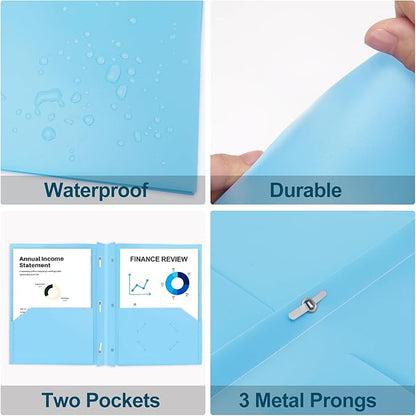 ViVin Heavy Duty 2-Pocket Folders with Brads, Pastel Color, 12-Pack, Durable Plastic Folder with 3-Prong Fasteners, Holds US Letter Size Paper, for School, Home and Office (Light Blue)