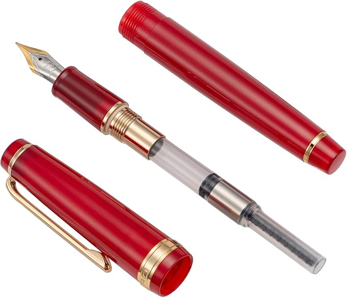 Jinhao 82 Acrylic Fountain Pen, Iridium Medium Nib with Ink Converter, Transparent Red Classic Design Smooth Writing Pen (Gold Trim)