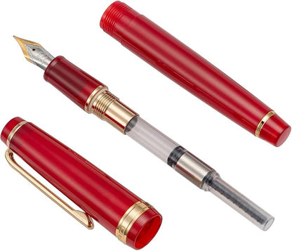 Jinhao 82 Acrylic Fountain Pen, Iridium Medium Nib with Ink Converter, Transparent Red Classic Design Smooth Writing Pen (Gold Trim)