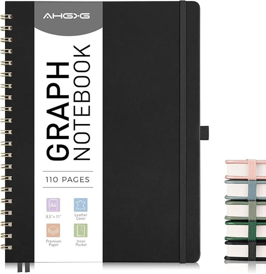 AHGXG Graph Paper Notebook - Spiral Notebook 8.5" x 11", A4 Large Hardcover Leather Journal Grid Notebook, 100 gsm Thick Graph Paper,Journals for School Writing Graphing Engineering Math, Black