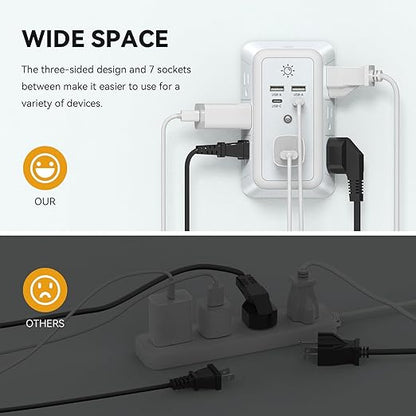 Multi Plug Outlet, USB Wall Charger, Surge Protector, 7 Outlet Extender with 4 USB Charging Ports (2 USB C) 1680J Power Strips Outlets with Night Light, Wall Plug Adapter Spaced for Home Travel Office