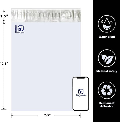 POLYSELLS 100 pcs 7.5x10.5 Inches White x Silver Poly Mailers Shipping Envelopes, Strong Adhesive Sealing, Waterproof, and Tear-resistant Postal Mailing Bags for Clothing, Books, and Accessories