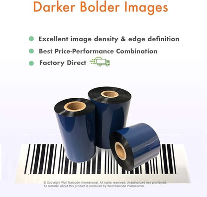 3 Rolls Wolfbarco 2.52" x 1476' (64mm x 450m) Black Premium Resin-Enhanced Wax Thermal Transfer Ribbon Compatible with Zebra,TEC, INTERMEC,Citizen,TSC,GODEX,ARGOX Printers