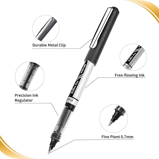 EYEYE 0.7mm Rollerball Pens Medium Point, 12 Pack 6 Colors Roller Ball Pen Quick Dry, Liquid Ink Pens Fine Point Smooth Writing Pen for Journaling, Note Taking, Office, School Supplies