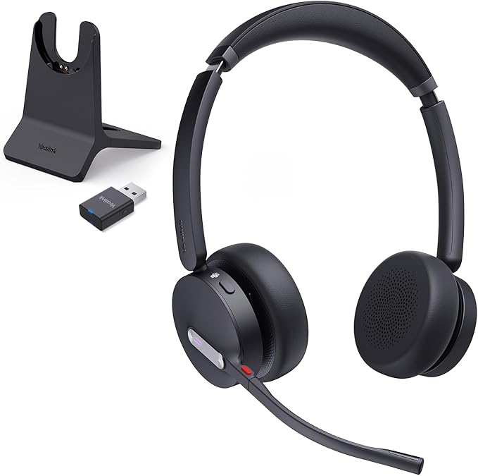 Yealink WH64 Hybrid with DECT Dongle & Charging Stand, 492ft Range, 32 Talk Time Bluetooth Headset for Teams, Zoom Skype UC Certified, Noise Cancelling Headset with 3X Mic, Work Headset for PC Phone