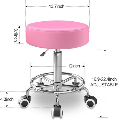 Rolling Stool, Heavy Weight Capacity 250lb, PU Leather Rolling stools, Ultra Soft Padded Seat, Rolling Stools with Wheels and Footrest, 360° Swivel, Spa Drawing Salon Work Office Tattoo Stool (pink)