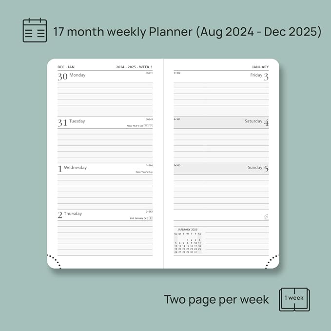 POPRUN Pocket Calendar 2024-2025 for Purse 3.5''x6.5'' Hardcover (17-Month: Aug.24 to Dec.25) Small Academic Planner Daily Weekly Monthly Agenda with Pen Holder, Ivory Paper - Haze Blue