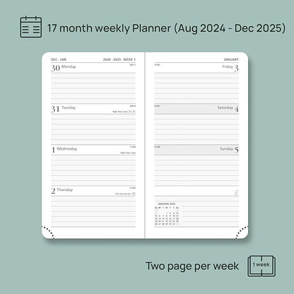 POPRUN Pocket Calendar 2024-2025 for Purse 3.5''x6.5'' Hardcover (17-Month: Aug.24 to Dec.25) Small Academic Planner Daily Weekly Monthly Agenda with Pen Holder, Ivory Paper - Haze Blue