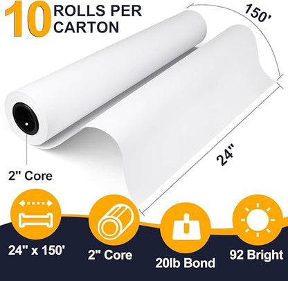 VOISEN Wide Format Paper,Plotter Paper 24 In x 150 Ft 10 Rolls, CAD Bond Rolls,20lb Bond Paper on 2" Core for CAD Printing on Wide Format Ink Jet Printers