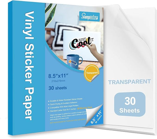 Stampcolour Printable Vinyl Sticker Paper,Transparent 30 Clear Self-Adhesive Sheets,No-Waterproof,Dries Quickly Vivid Colors Decal Paper,Tear Resistant-for Any Epson HP Canon Sawgrass Inkjet Printer