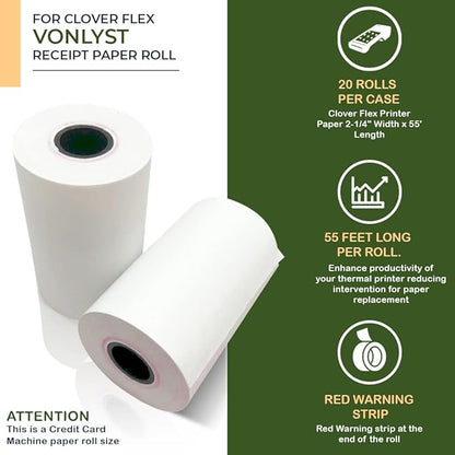 Thermal Paper Roll for Clover Flex Receipt Paper 2 1/4 x 55 (20 rolls)