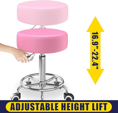 Rolling Stool, Heavy Weight Capacity 250lb, PU Leather Rolling stools, Ultra Soft Padded Seat, Rolling Stools with Wheels and Footrest, 360° Swivel, Spa Drawing Salon Work Office Tattoo Stool (pink)