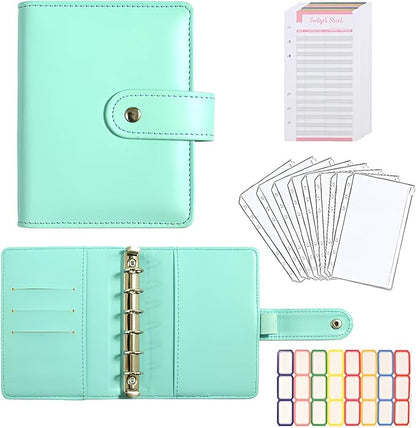 A7 Budget Binder Set - Mini Money Organizer for Cash Saving, Cash Stuffing Envelope System, Planner Binders with Pockets, Sheets and Stickers, Green