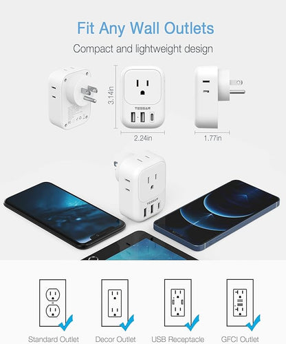 USB Wall Charger, Wall Plug Adapter Outlet Extender, TESSAN 3 Charger Block (1 USB C Port), Multi Charging Station for Cruise, Bathroom, Office, Dorm Essentials, White