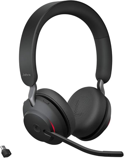 Jabra Evolve2 65 MS Wireless Headphones with Link380c, Stereo, Black – Wireless Bluetooth Headset for Calls and Music, 37 Hours of Battery Life, Passive Noise Cancelling Headphones