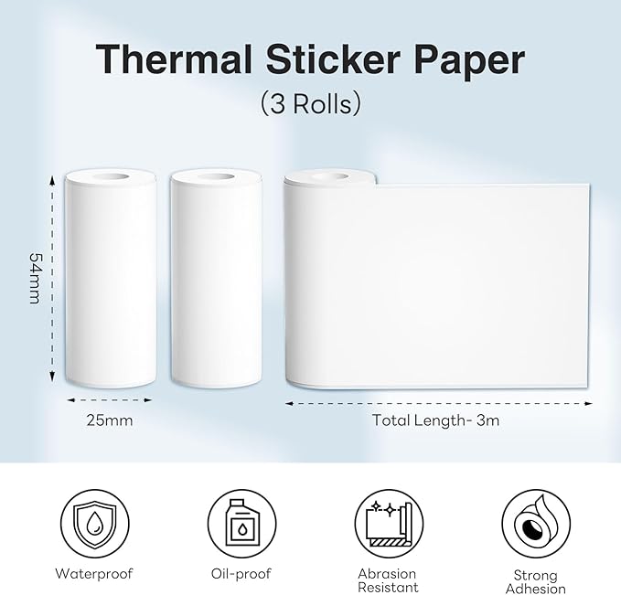 Thermal Paper Non-Adhesive Sticker Paper for Mini Thermal Pocket Printer, Black on White 57 x 25mm, 3-Rolls for Notes Texts Journal Photo and Notebuddy