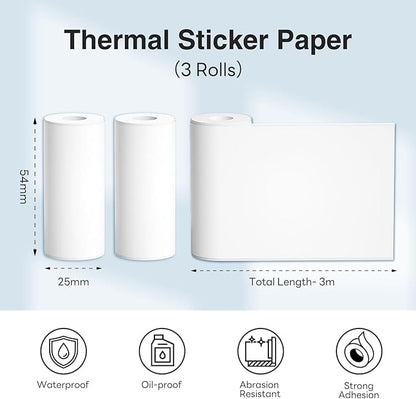 Thermal Paper Non-Adhesive Sticker Paper for Mini Thermal Pocket Printer, Black on White 57 x 25mm, 3-Rolls for Notes Texts Journal Photo and Notebuddy