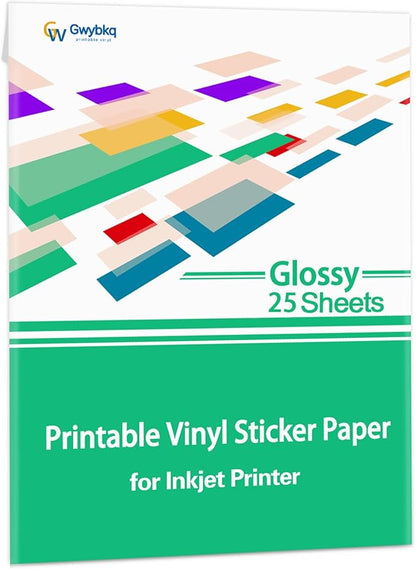 Gwybkq Glossy Printable Vinyl Sticker Paper for Inkjet Printer 25 Sheets 8.5"x11" Adhseive White Labels Decal Papers