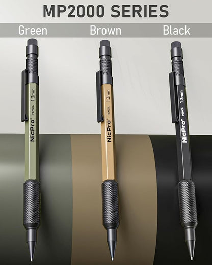 Nicpro 3 PCS 1.3 mm Mechanical Pencil Set 3 Colors with 36 Lead Refill, 3 Eraser - Weatherproof Metal MP2000 Heavy Duty Carpenter Pencil for Outdoor Marking Drafting Drawing Woodworking