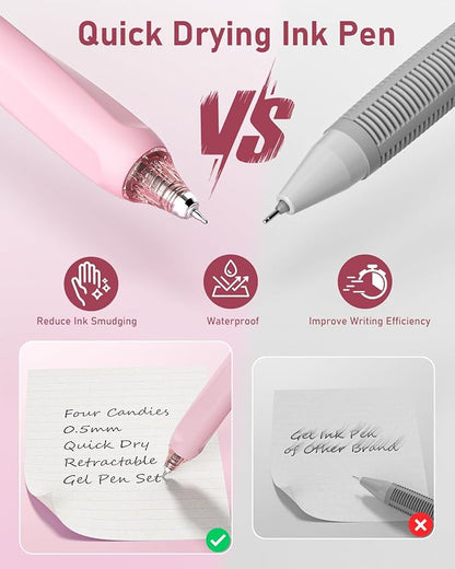 Four Candies 14Pack Pastel Gel Ink Pen Set,Cute Retractable 0.5mm Fine Point Pen,Note Taking Aesthetic Pens,12 Pack Black Ink Pens with 2Pack Highlighter, Smooth Writing Pens for School, Office (Pink)