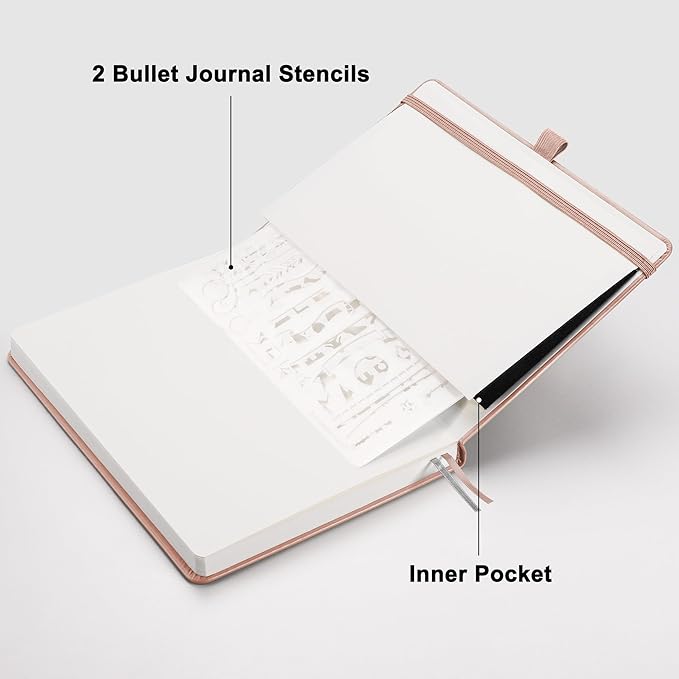 RETTACY Bullet Dotted Journal, A5 Dotted Notebook Journal with 192 Pages, 5.7'' × 8.3'', Medium Size, 100 GSM Thick Paper, Leather Hardcover, Bullet Journaling, Planning (Rose Gold)