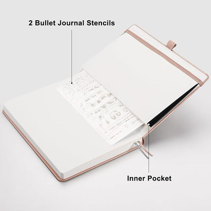 RETTACY Bullet Dotted Journal, A5 Dotted Notebook Journal with 192 Pages, 5.7'' × 8.3'', Medium Size, 100 GSM Thick Paper, Leather Hardcover, Bullet Journaling, Planning (Rose Gold)