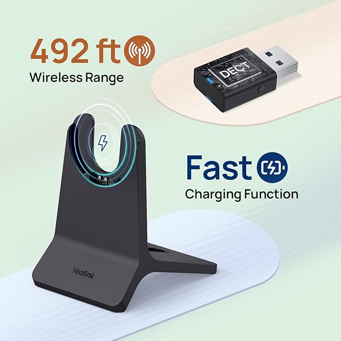 Yealink WH64 Hybrid with DECT Dongle & Charging Stand, 492ft Range,26 Talk Time Bluetooth Headset for Teams, Zoom Skype UC Certified, Noise Cancelling Headset with 3X Mic, Work Headset for PC Phone