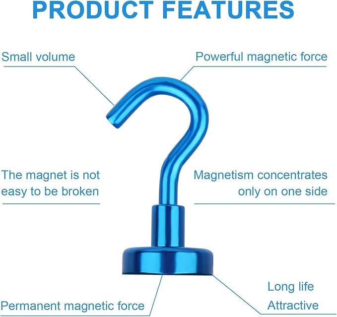 DIYMAG Blue Magnetic Hooks, 50 LB Heavy Duty Strong Magnets with Hooks, Strong Rare Earth Neodymium Magnet Magnetic Hooks for Cruise Cabins Cruise Ship Essentials 20 Packs